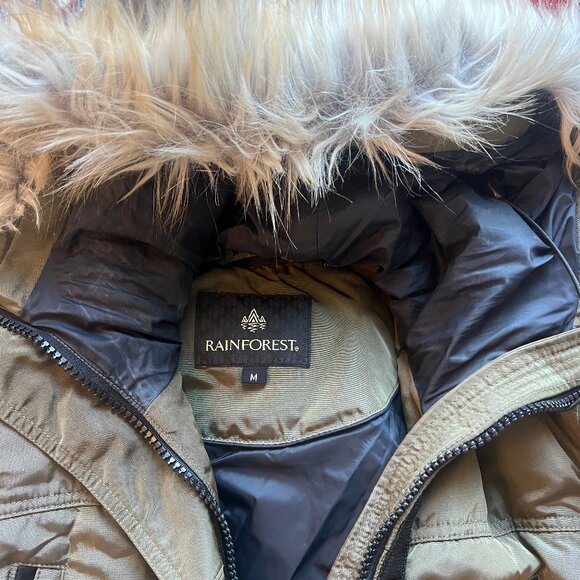 Rainforest Down Parka.  Dark Green with Black Leather trim. Women's M - Picture 2 of 2